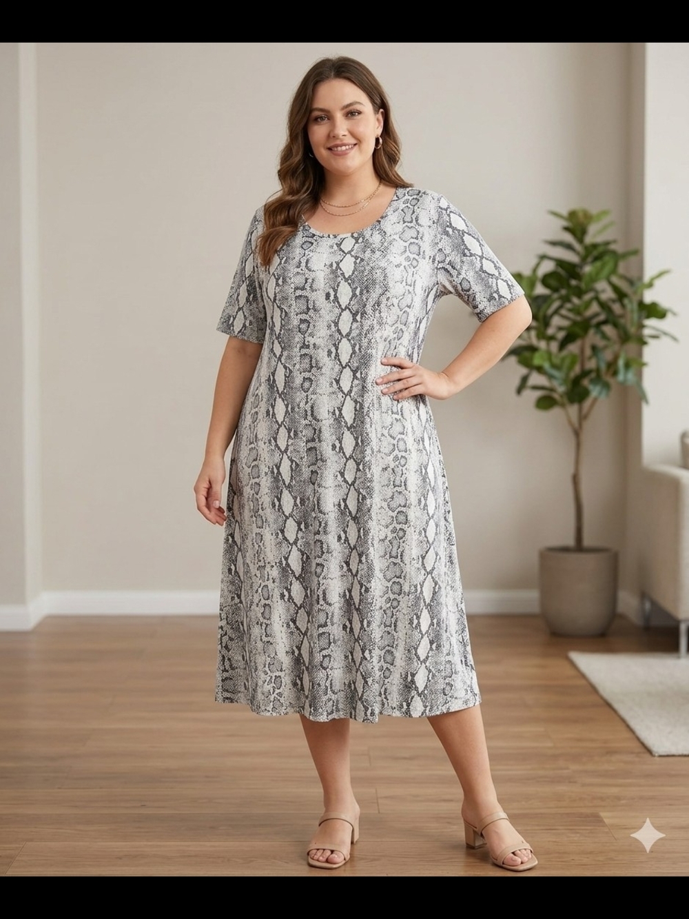 Plus Size Gray Snake Print Midi Dress 3xl